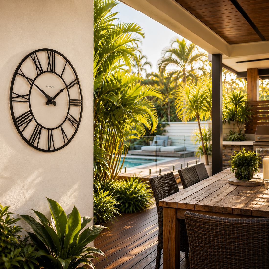 Newgate open-frame wall clock in an alfresco outdoor setting with tropical garden and pool