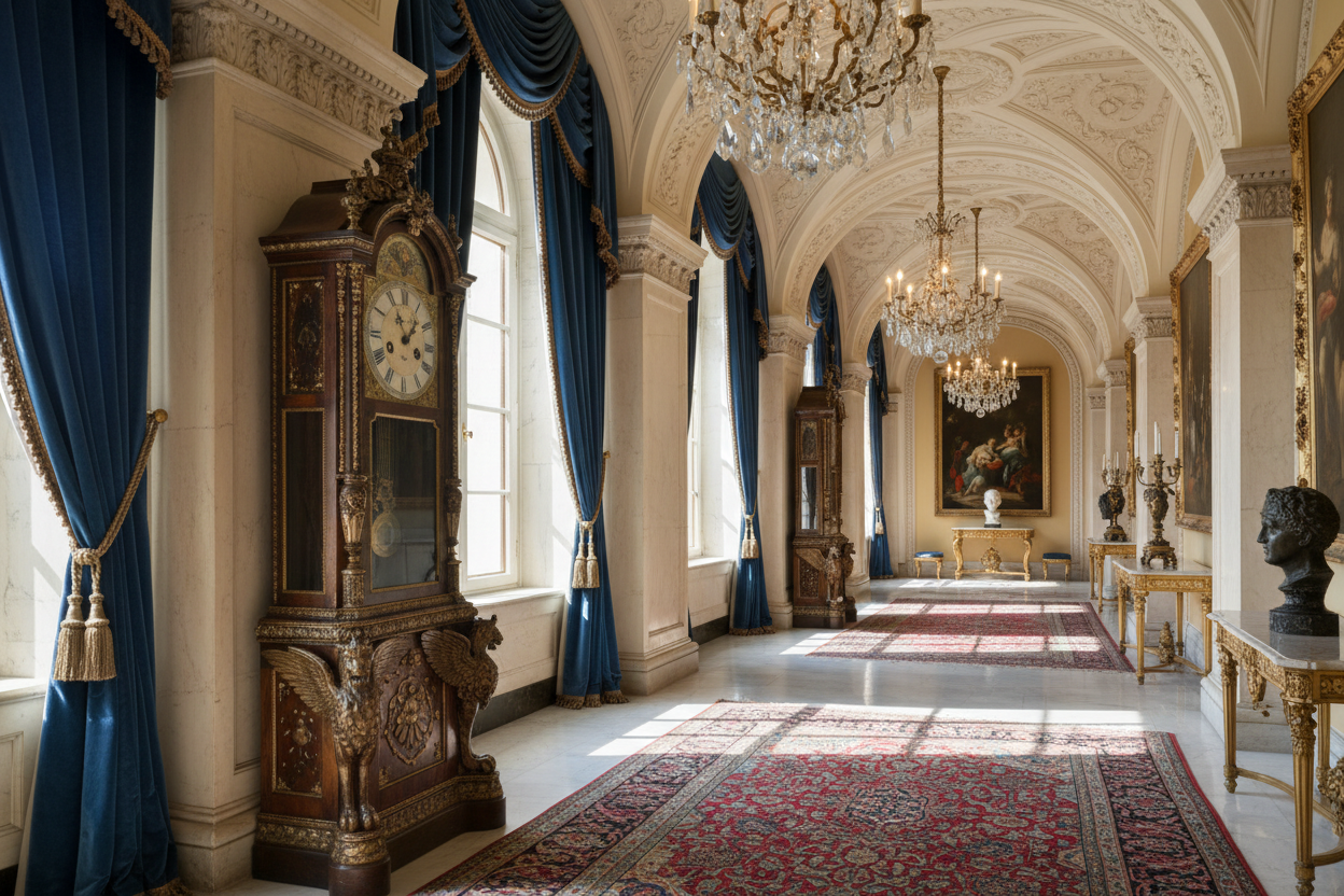 Elegant castle hallway with ornate clock