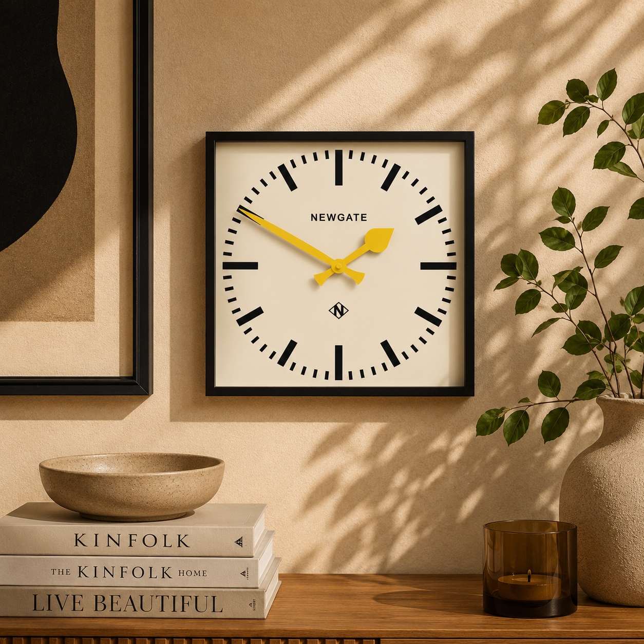 Newgate Number Five Wall Clock – Black with Flag Yellow Hands