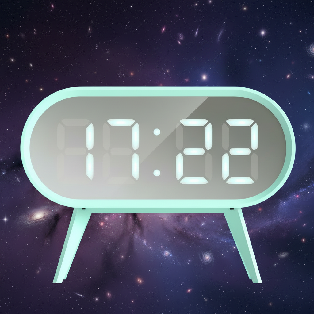 Digital clock with glowing digits against a starry space background