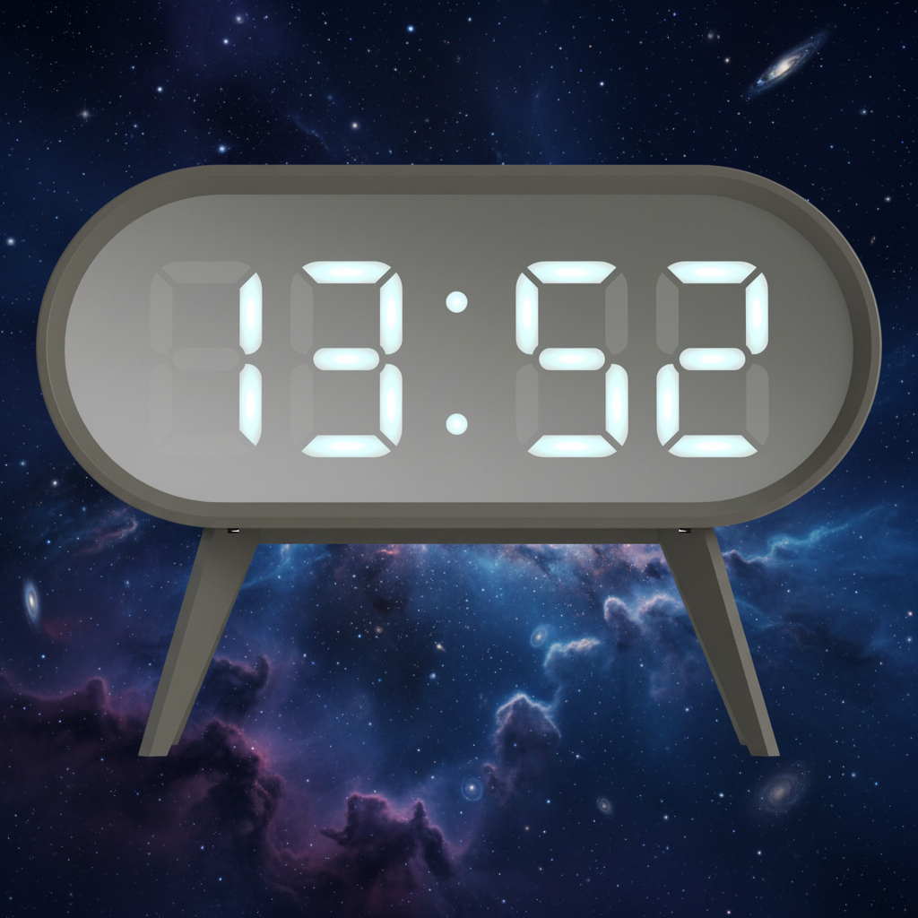 Digital clock with glowing digits on a space-themed background