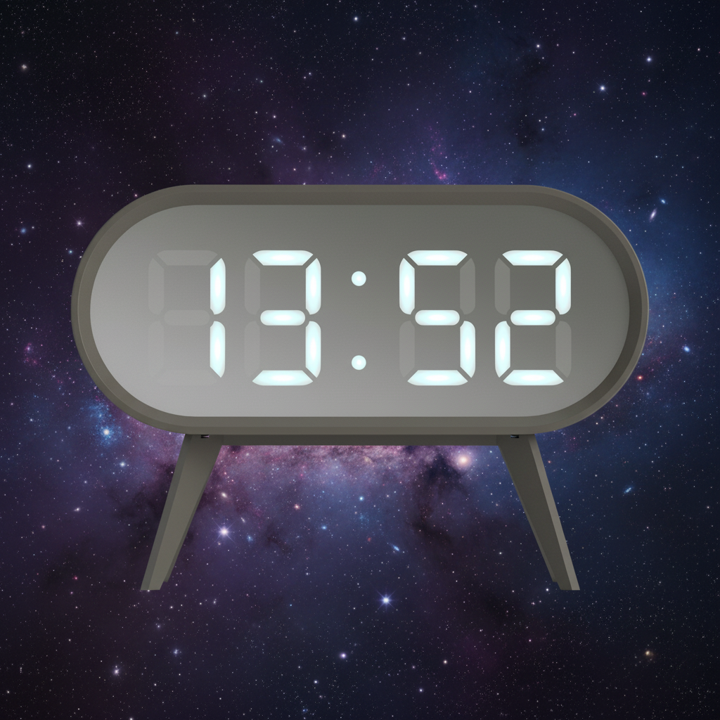 Digital clock with LED display against a starry space background