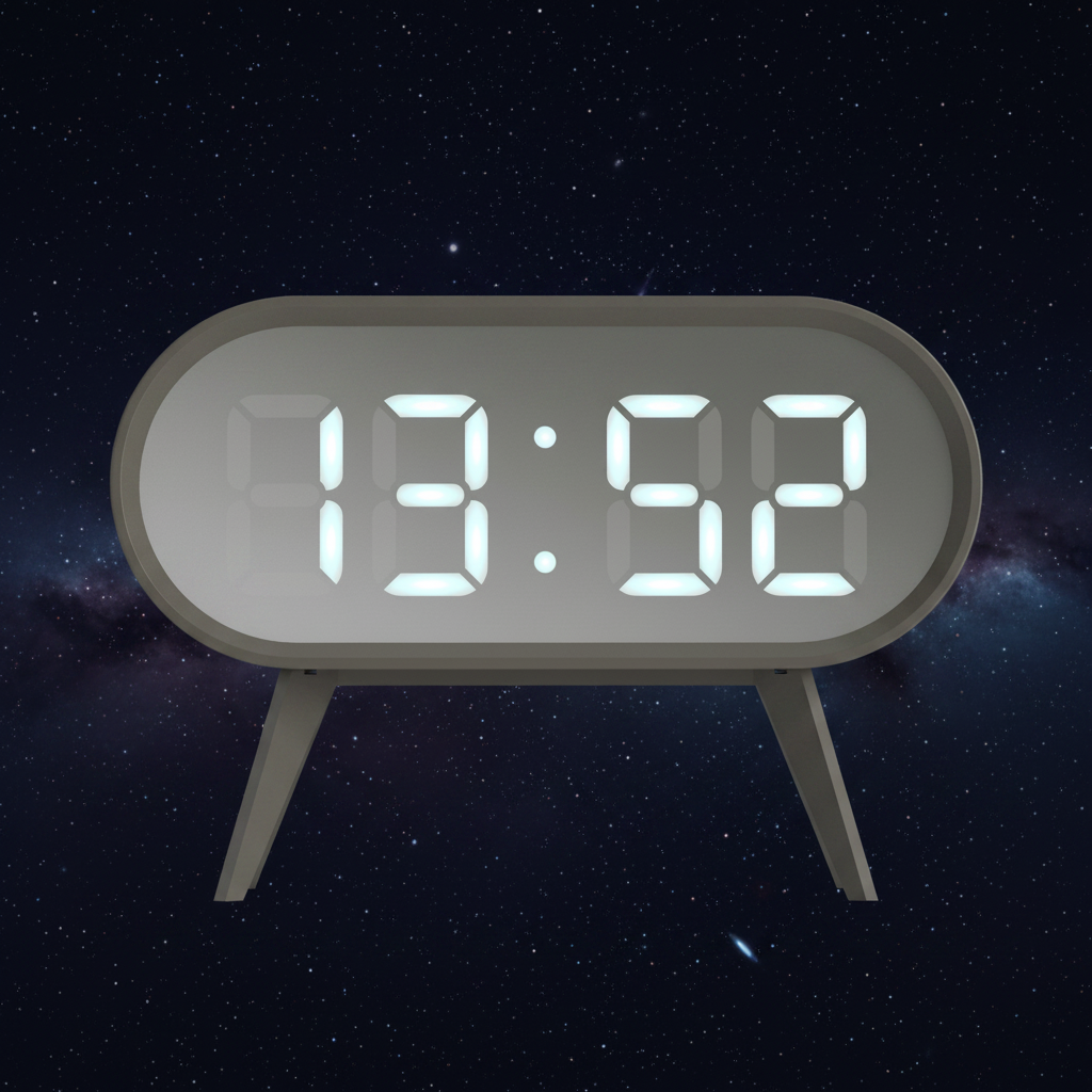 Digital clock with glowing digits on a dark starry background