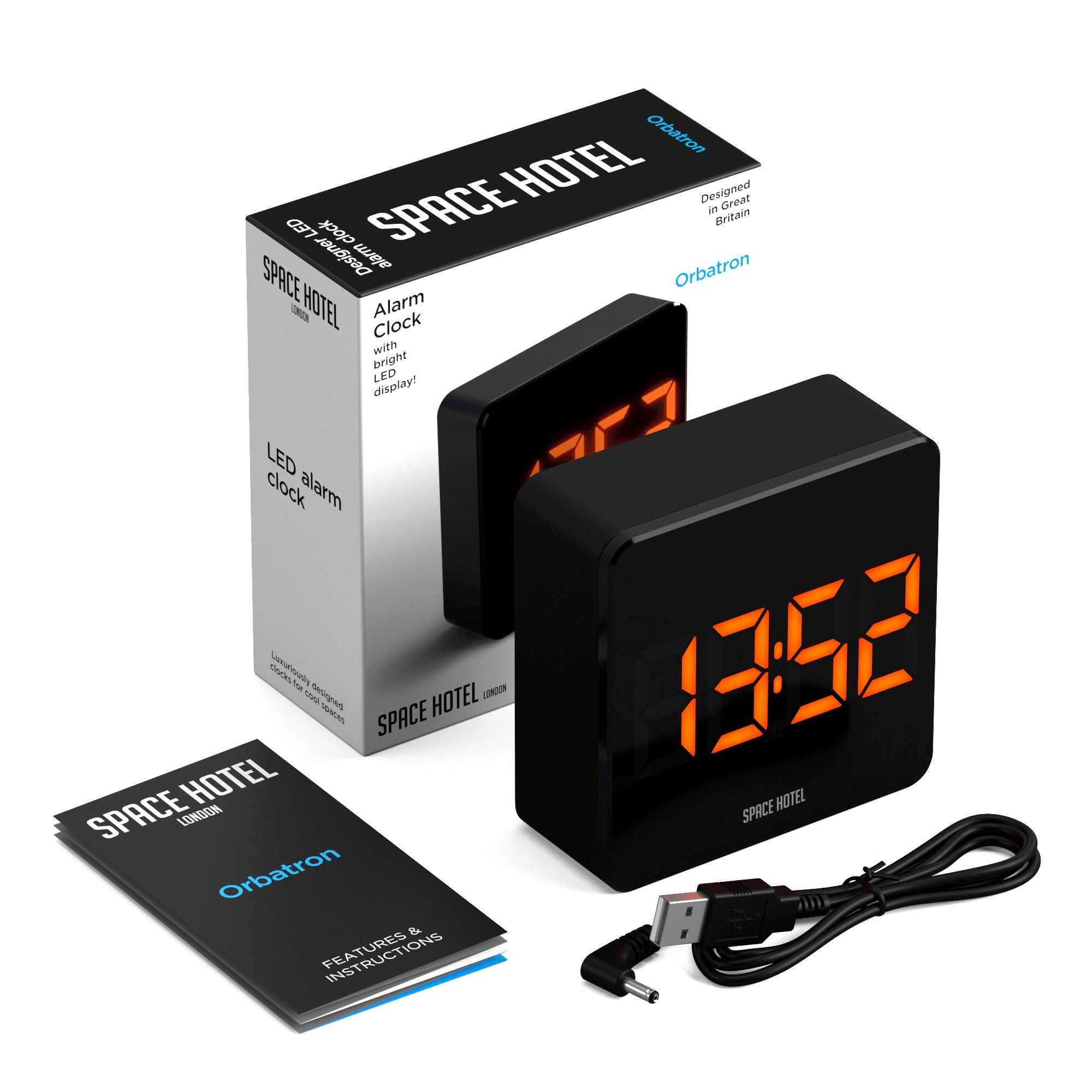 Newgate Space Hotel Orbatron Alarm Clock Black Case - Black Lens - Orange LED
