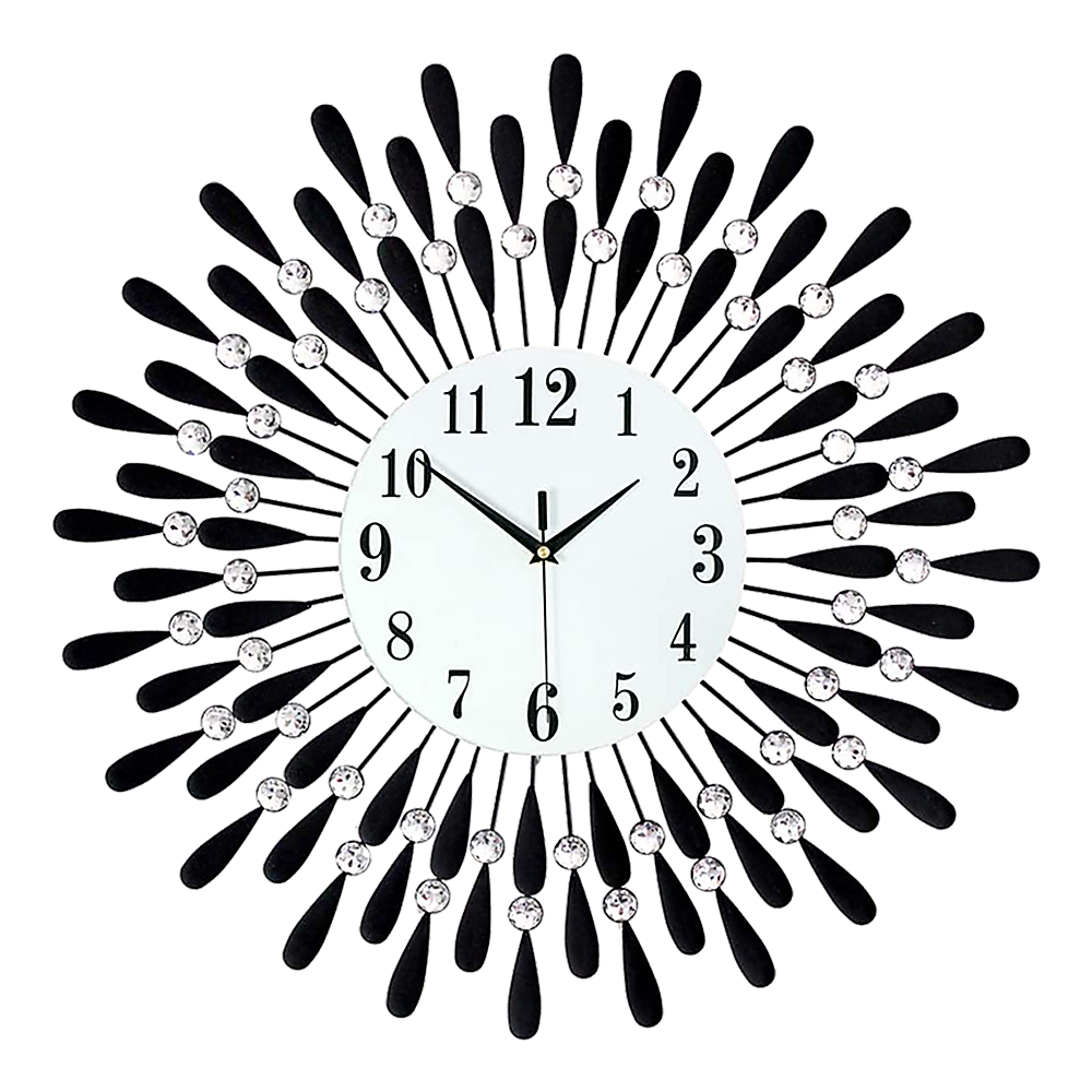 Large Round Modern 3D Crystal Wall Clock - Black And Crystal