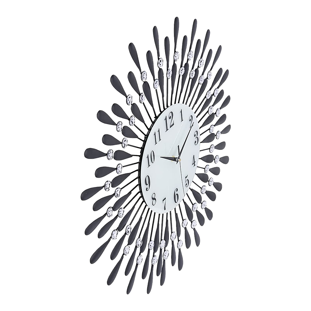 Large Round Modern 3D Crystal Wall Clock - Black And Crystal