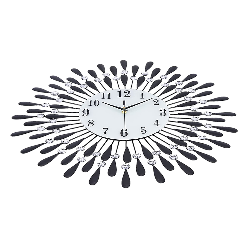 Large Round Modern 3D Crystal Wall Clock - Black And Crystal