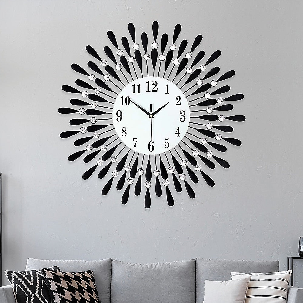 Large Round Modern 3D Crystal Wall Clock - Black And Crystal