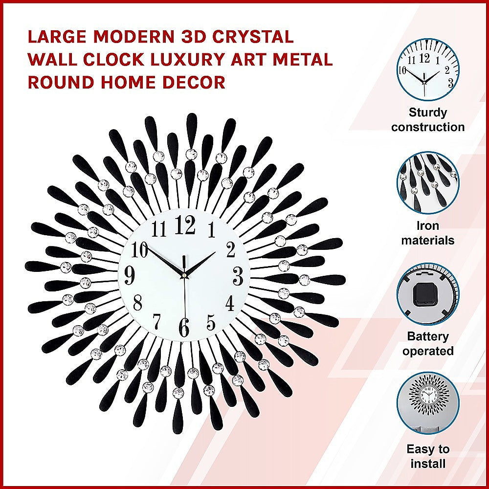 Large Round Modern 3D Crystal Wall Clock - Black And Crystal