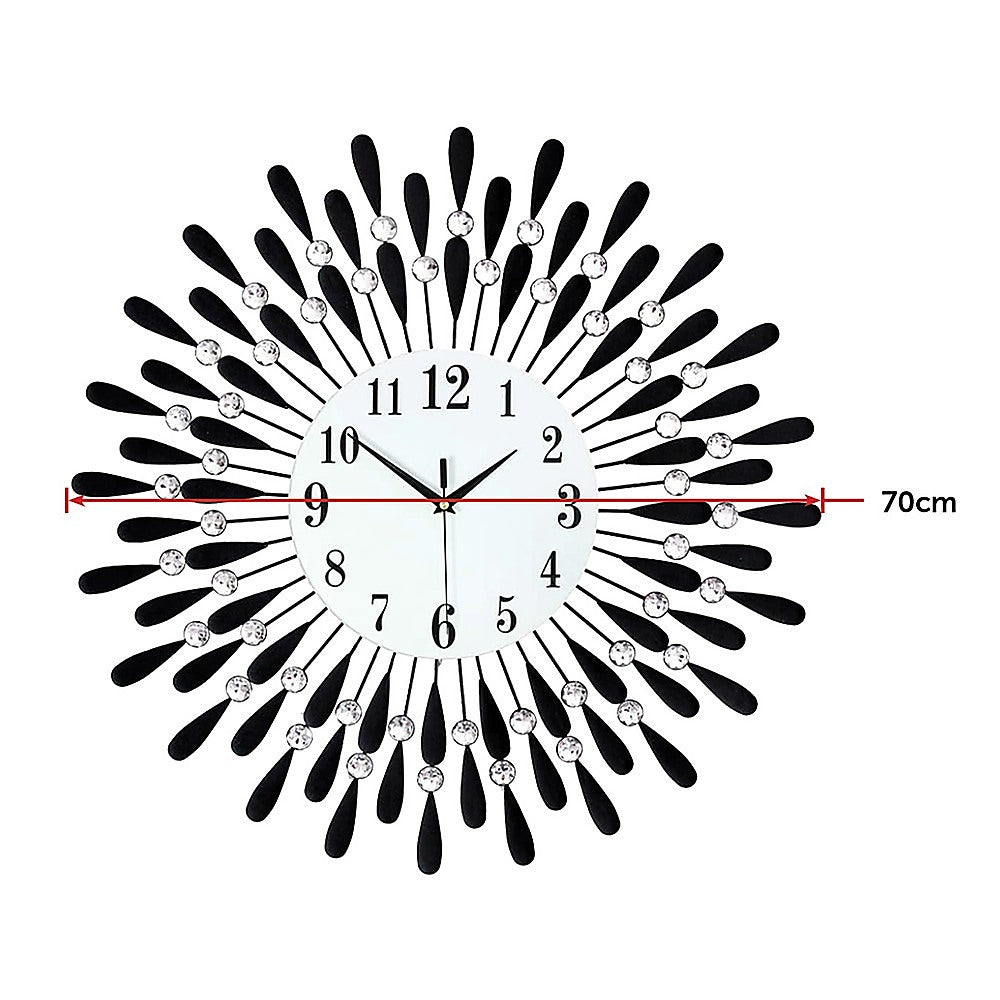 Large Round Modern 3D Crystal Wall Clock - Black And Crystal