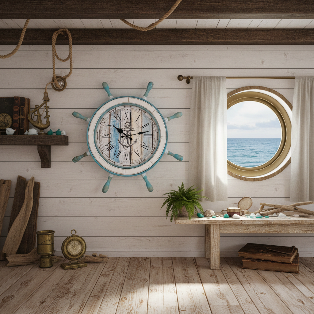 Oversized Ships Wheel Wall Clock - Antique Blue and Cream