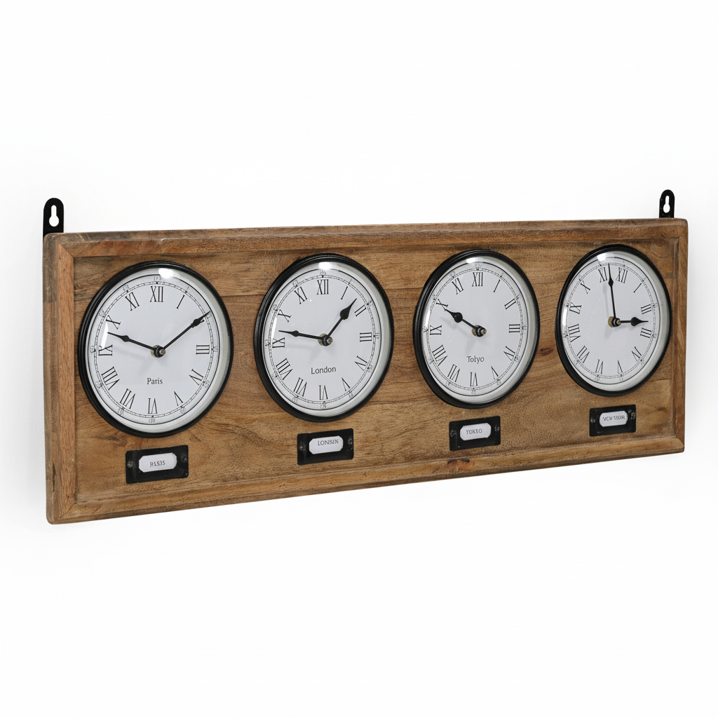Wooden wall clock with four round white faces displaying different times.