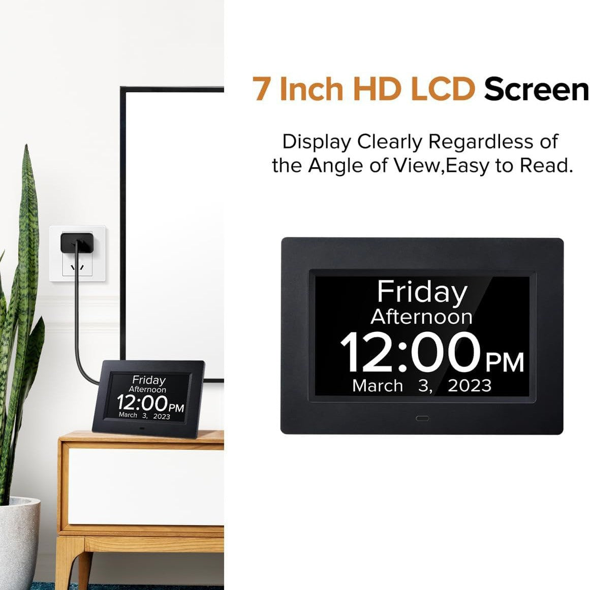 White Crystal Clear 7-Inch Digital Day Clock with Auto Dimming & Voice Assist - Perfect for Seniors