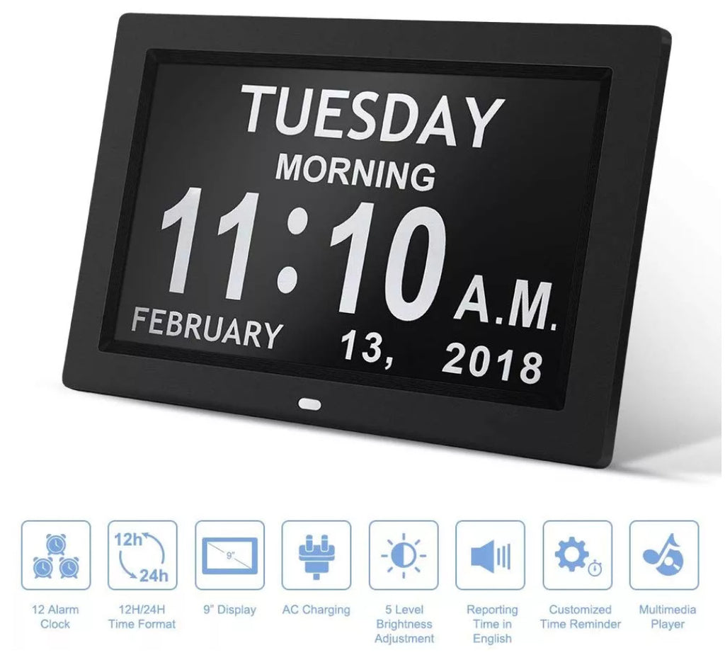 Black 10.1-Inch Digital Clock with Medication Reminders & Multi-Function Alarm - Ideal for Seniors
