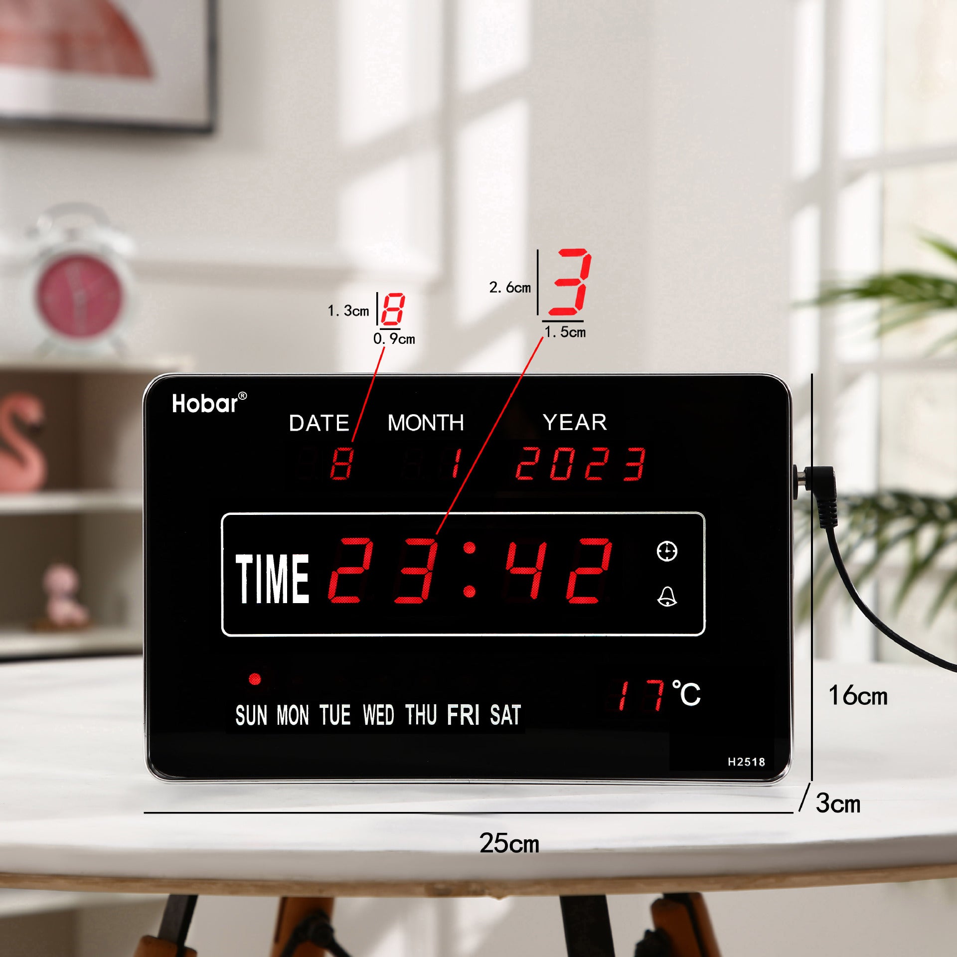 LED Digital Wall Clock with Perpetual Calendar & Temperature Display - Black