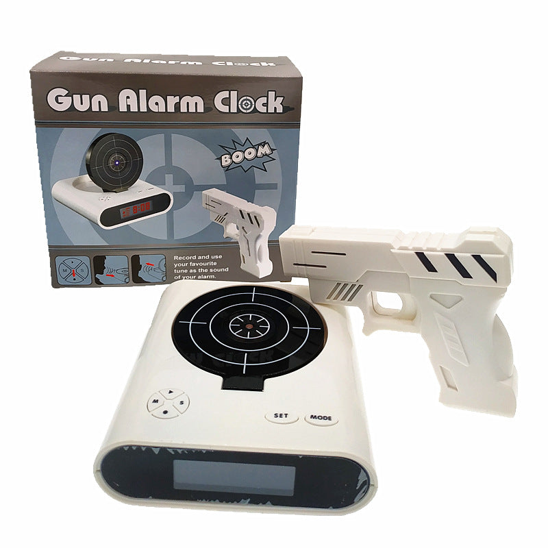 Gun Alarm Clock - Target Shooting Alarm with Infrared Gun, Recordable Alarm & Game Modes(White)