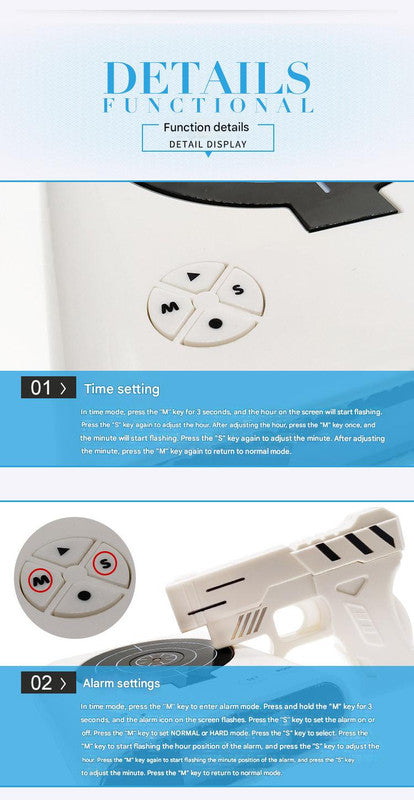 Gun Alarm Clock - Target Shooting Alarm with Infrared Gun, Recordable Alarm & Game Modes(White)
