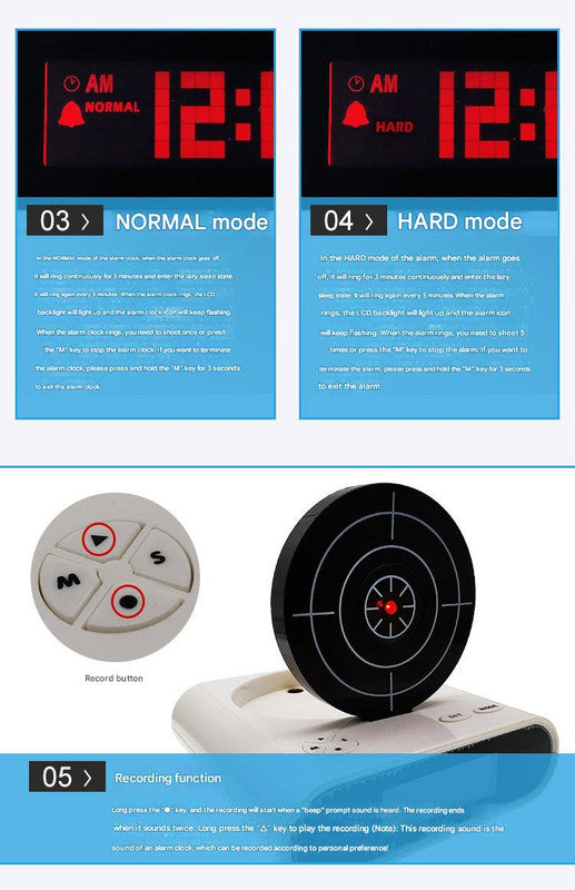 Gun Alarm Clock - Target Shooting Alarm with Infrared Gun, Recordable Alarm & Game Modes(White)
