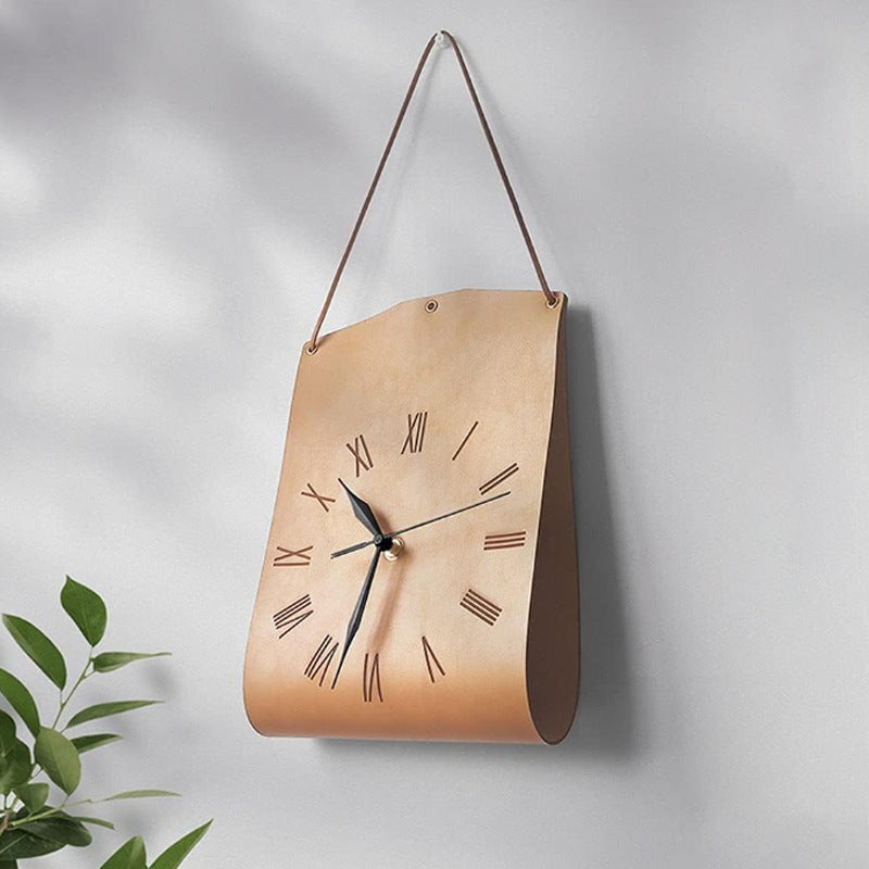 Retro PU Leather Hanging Wall Clock - Light Brown