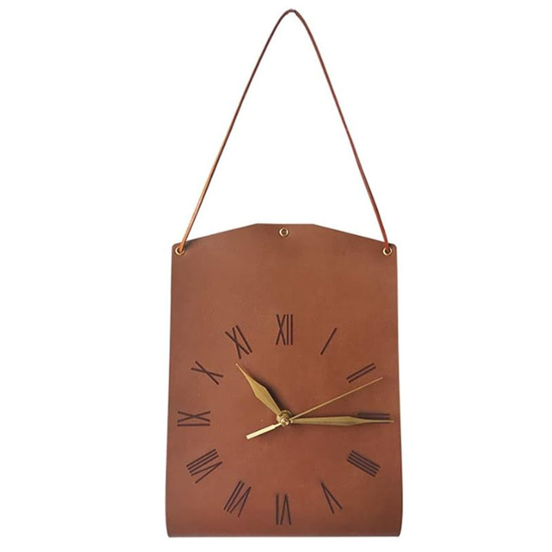 Retro PU Leather Hanging Wall Clock -Dark Brown
