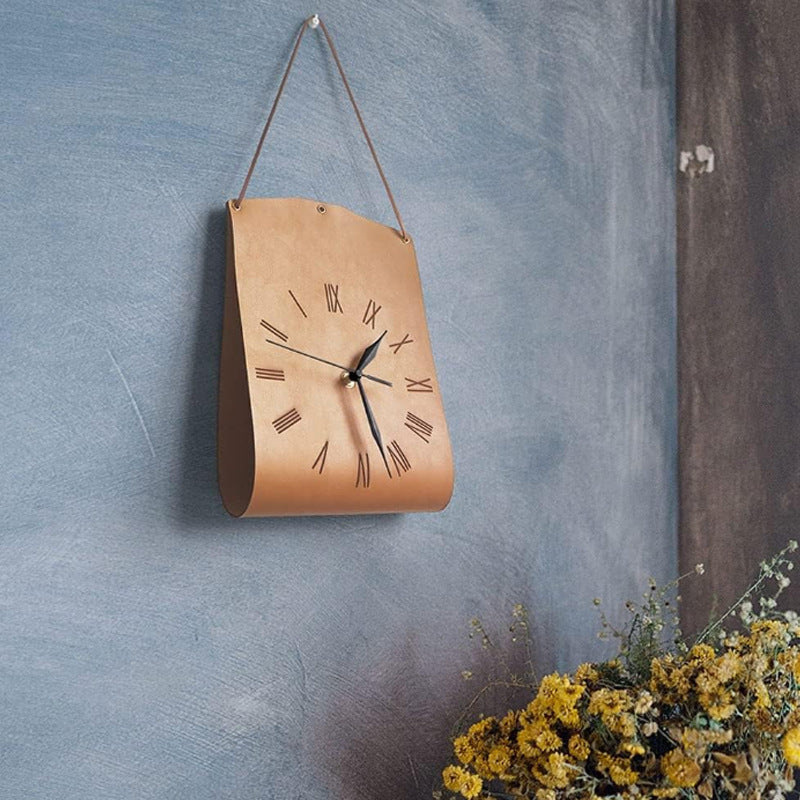 Retro PU Leather Hanging Wall Clock -Dark Brown
