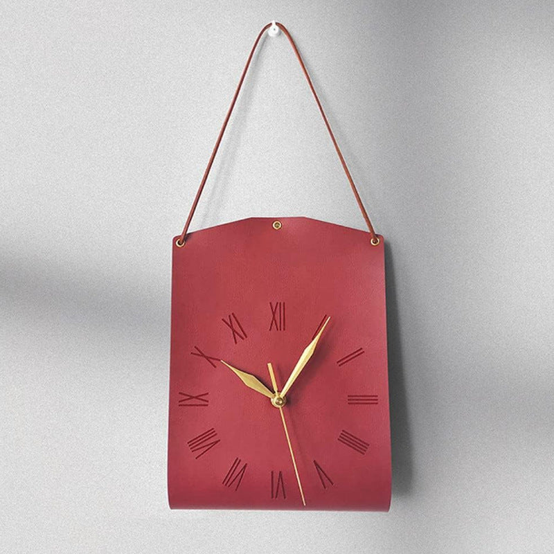 Retro PU Leather Hanging Wall Clock - Red
