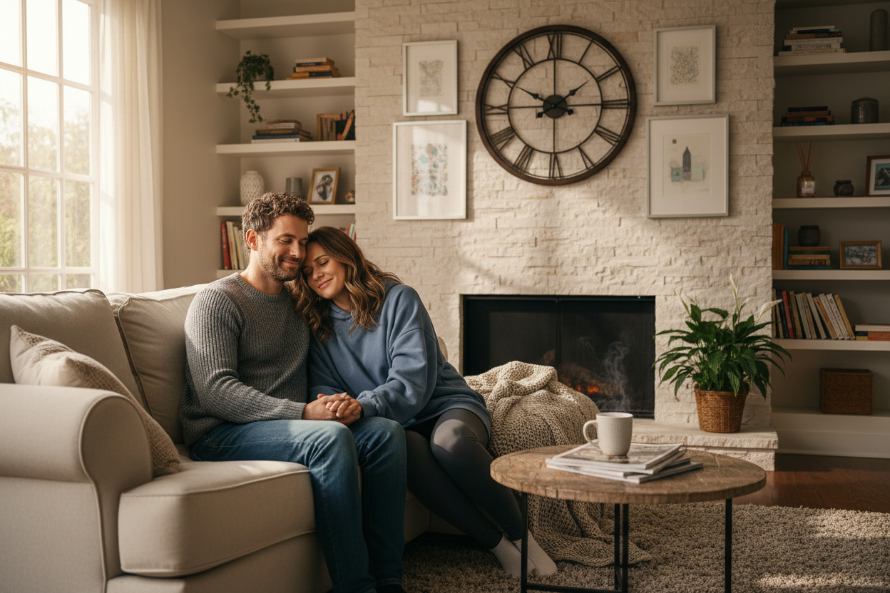 a couple relaxing at home with a clock on the wall