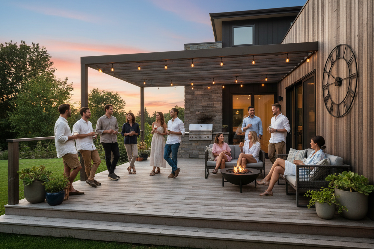 Home deck party with wall clock