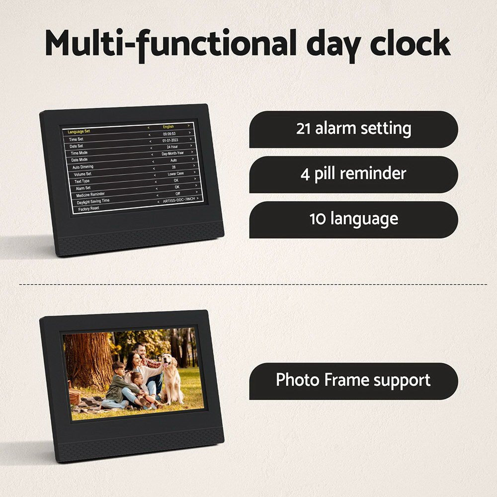 Artiss 7" Digital Day Clock Calendar Alarm - Black - Alarm Clocks