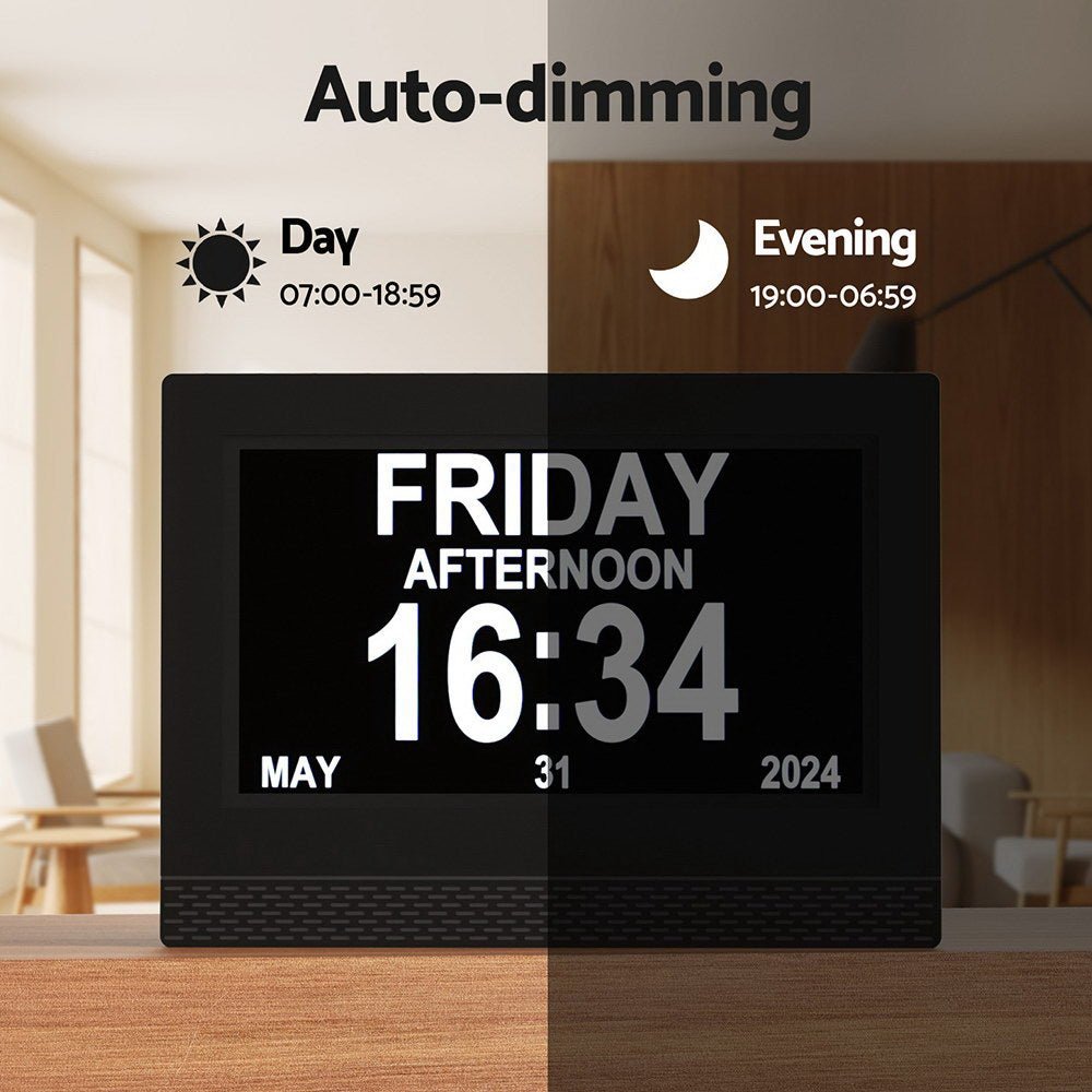Artiss 7" Digital Day Clock Calendar Alarm - Black - Alarm Clocks