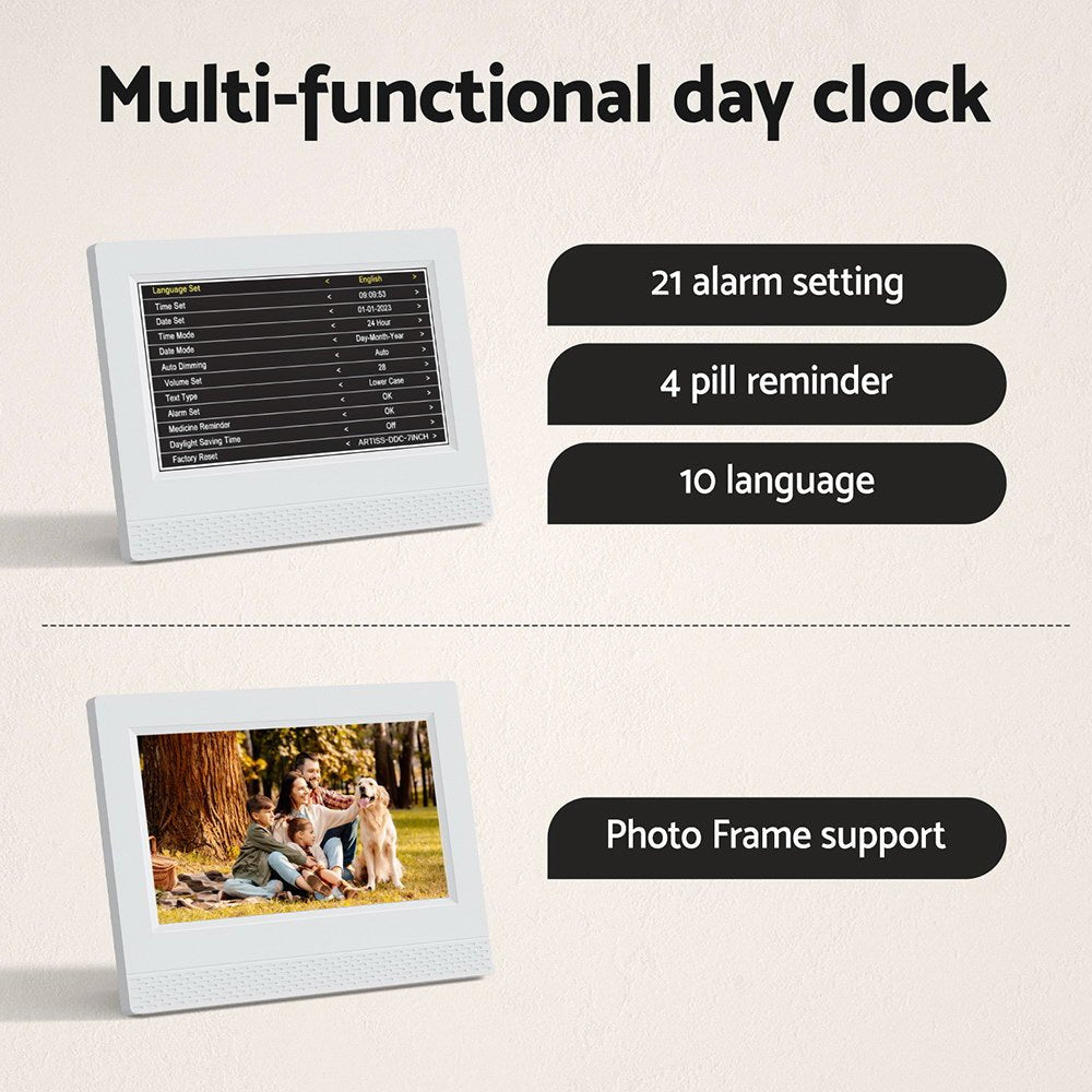 Artiss 7" Digital Day Clock Calendar Alarm - White - Alarm Clocks
