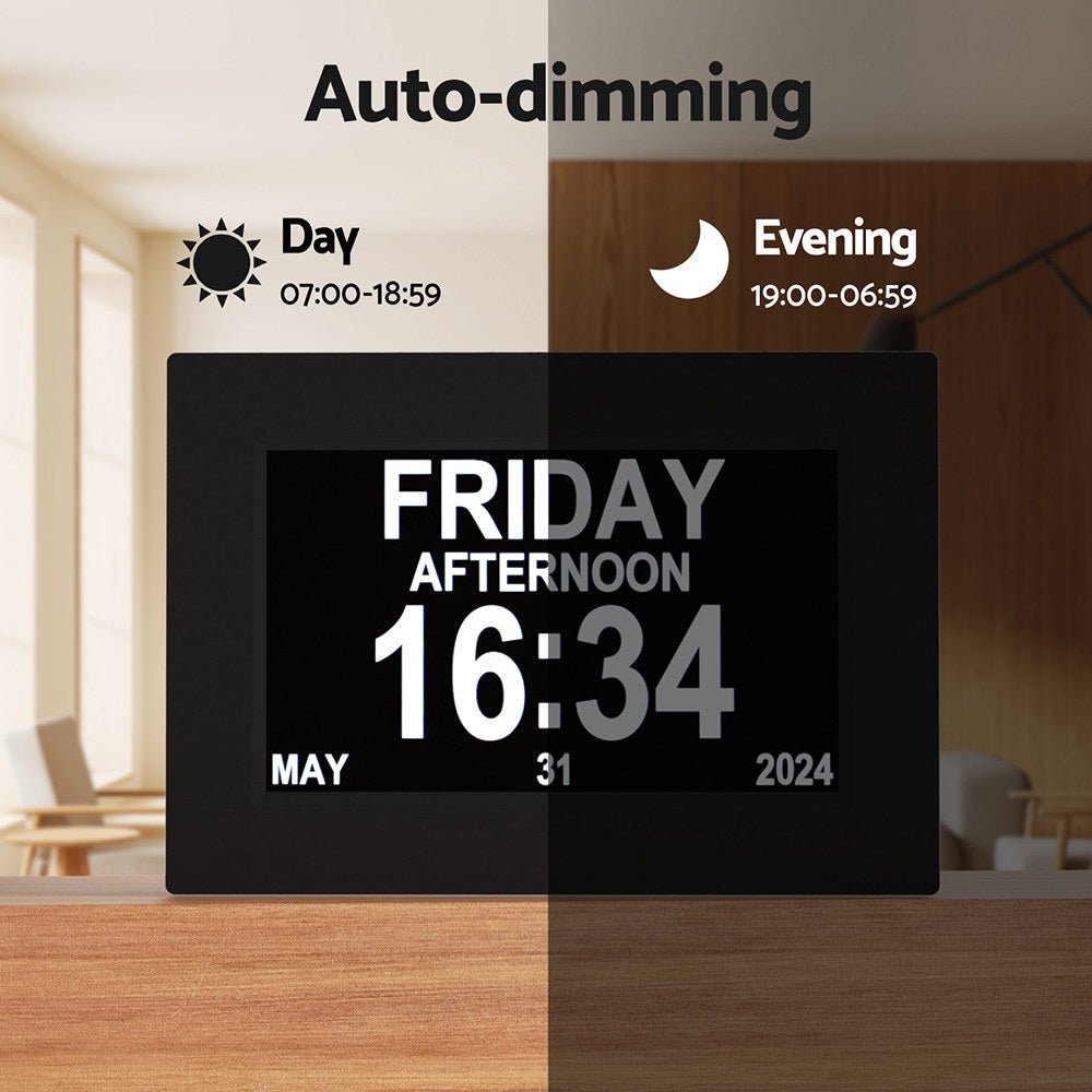 Artiss 8" Digital Day Clock Calendar Alarm - Black - Alarm Clocks