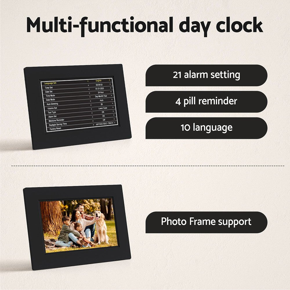 Artiss 8" Digital Day Clock Calendar Alarm - Black - Alarm Clocks