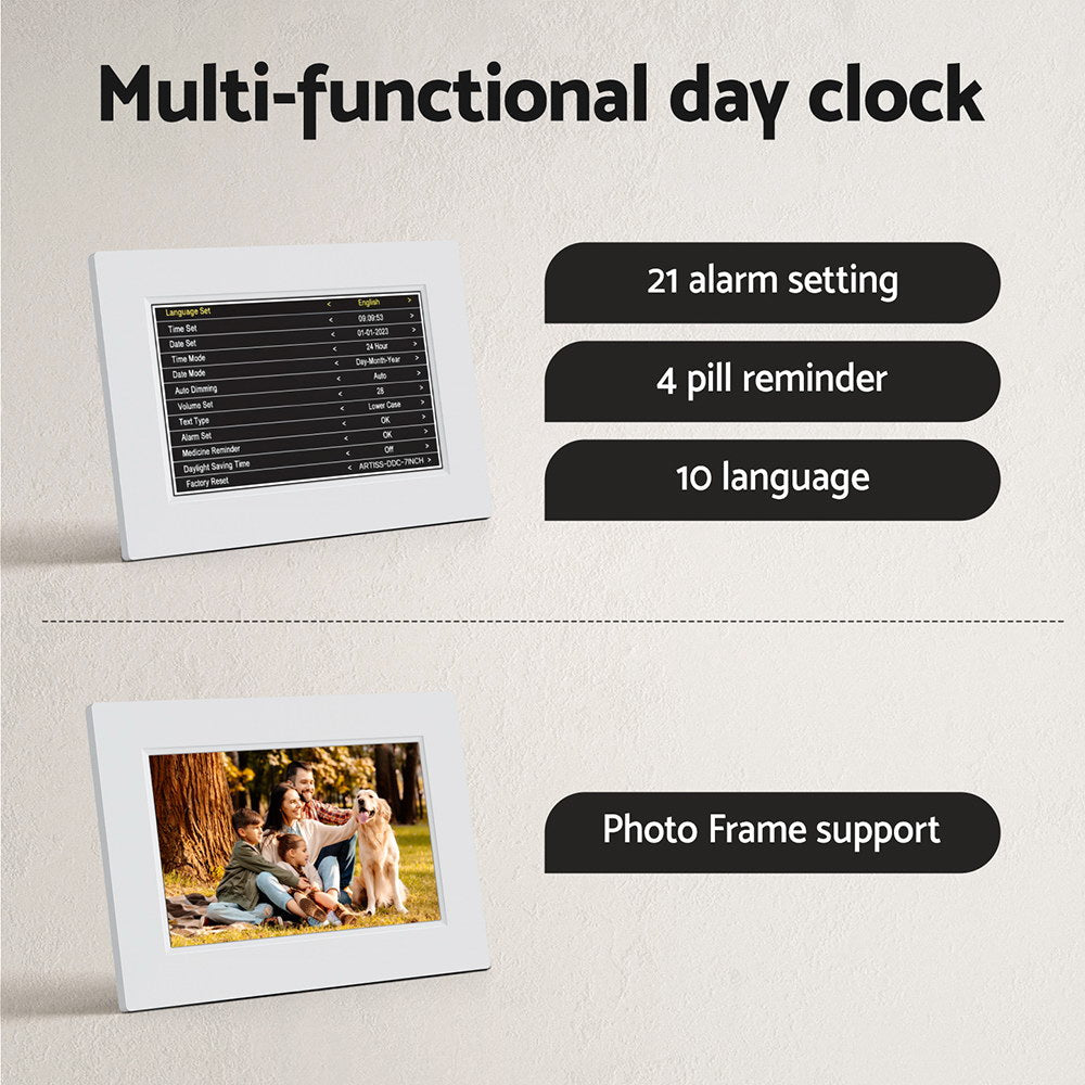 Artiss 8" Digital Day Clock Calendar Alarm - White - Alarm Clocks