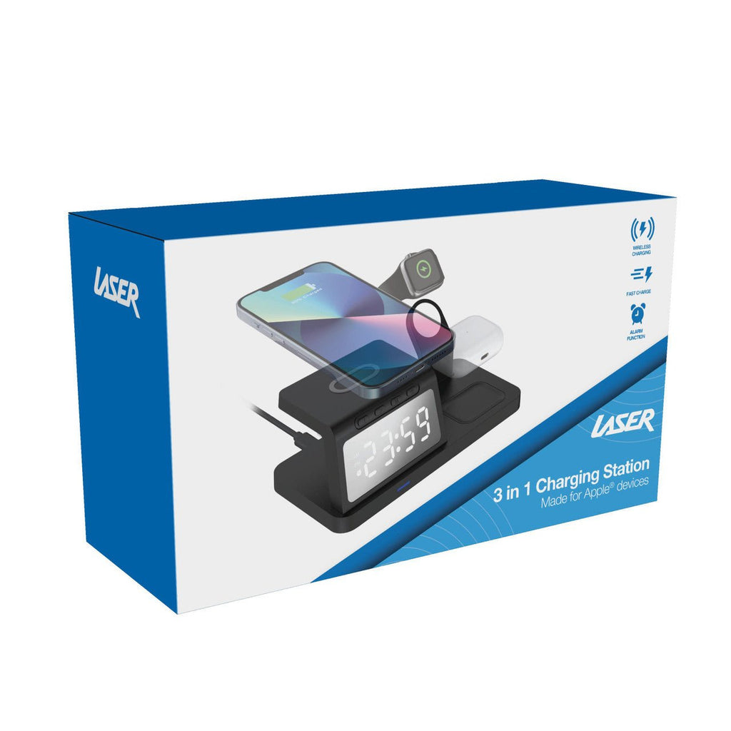 Laser 3 - in - 1 Wireless Charging Station with Alarm Clock - Black - Alarm Clocks