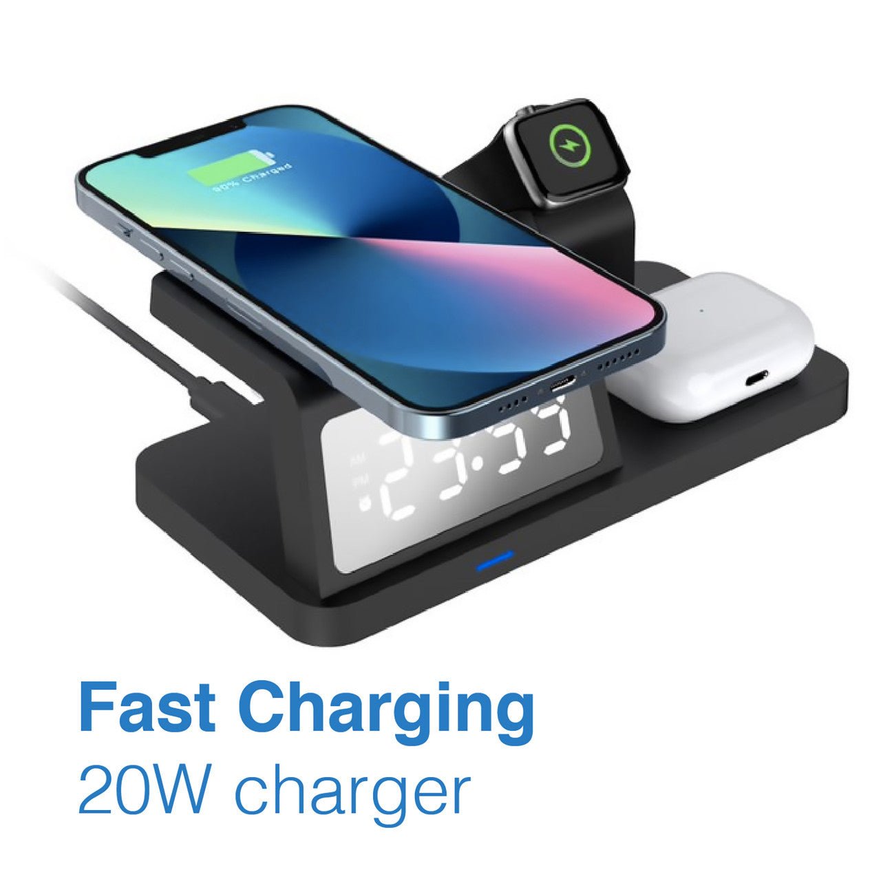 Laser 3 - in - 1 Wireless Charging Station with Alarm Clock - Black - Alarm Clocks