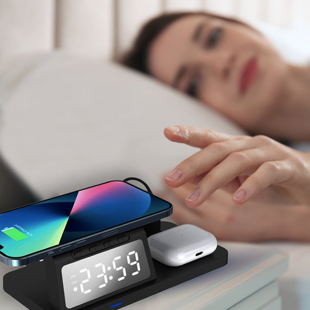 Laser 3 - in - 1 Wireless Charging Station with Alarm Clock - Black - Alarm Clocks