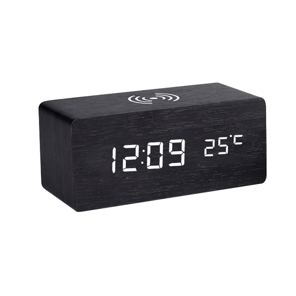 Modern Wooden LED Desk Clock with Qi Charger - Black - Alarm Clocks