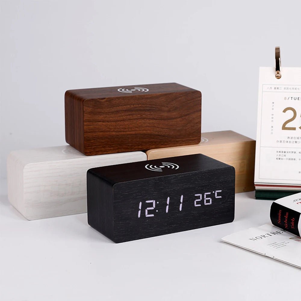 Modern Wooden LED Desk Clock with Qi Charger - Black - Alarm Clocks