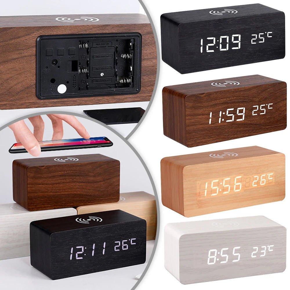 Modern Wooden LED Desk Clock with Qi Charger - Black - Alarm Clocks
