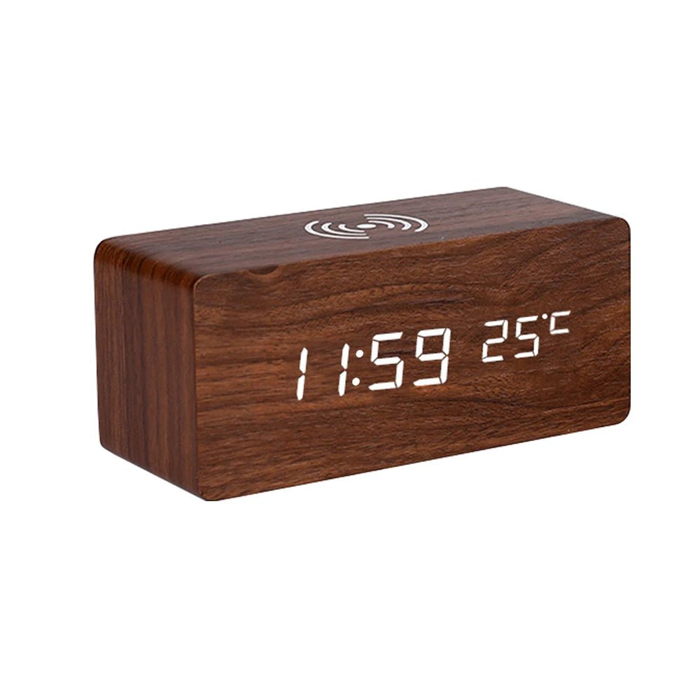 Modern Wooden LED Desk Clock with Qi Charger - Brown - Alarm Clocks