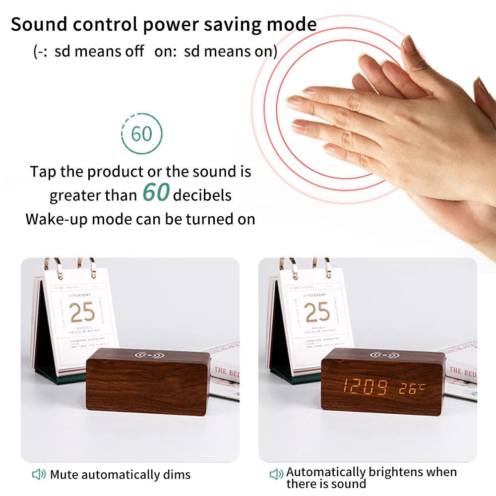 Modern Wooden LED Desk Clock with Qi Charger - Brown - Alarm Clocks
