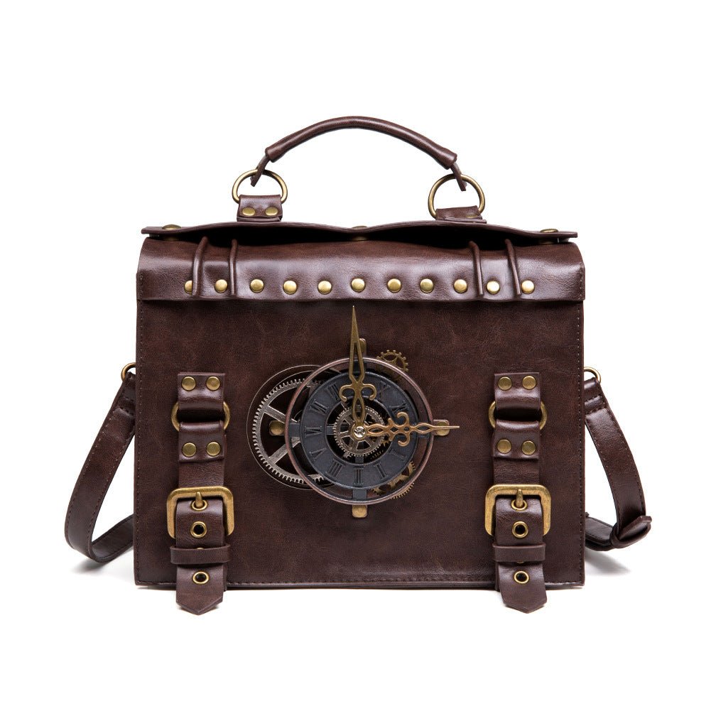 Retro Steampunk Satchel Bag with Decorative Clock & Gears - Gothic Crossbody Purse - Desk Clocks