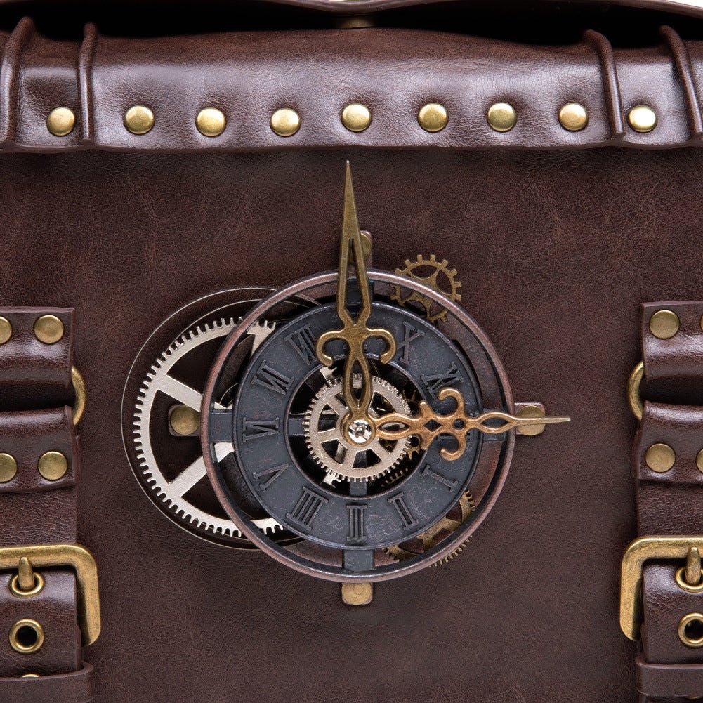 Retro Steampunk Satchel Bag with Decorative Clock & Gears - Gothic Crossbody Purse - Desk Clocks