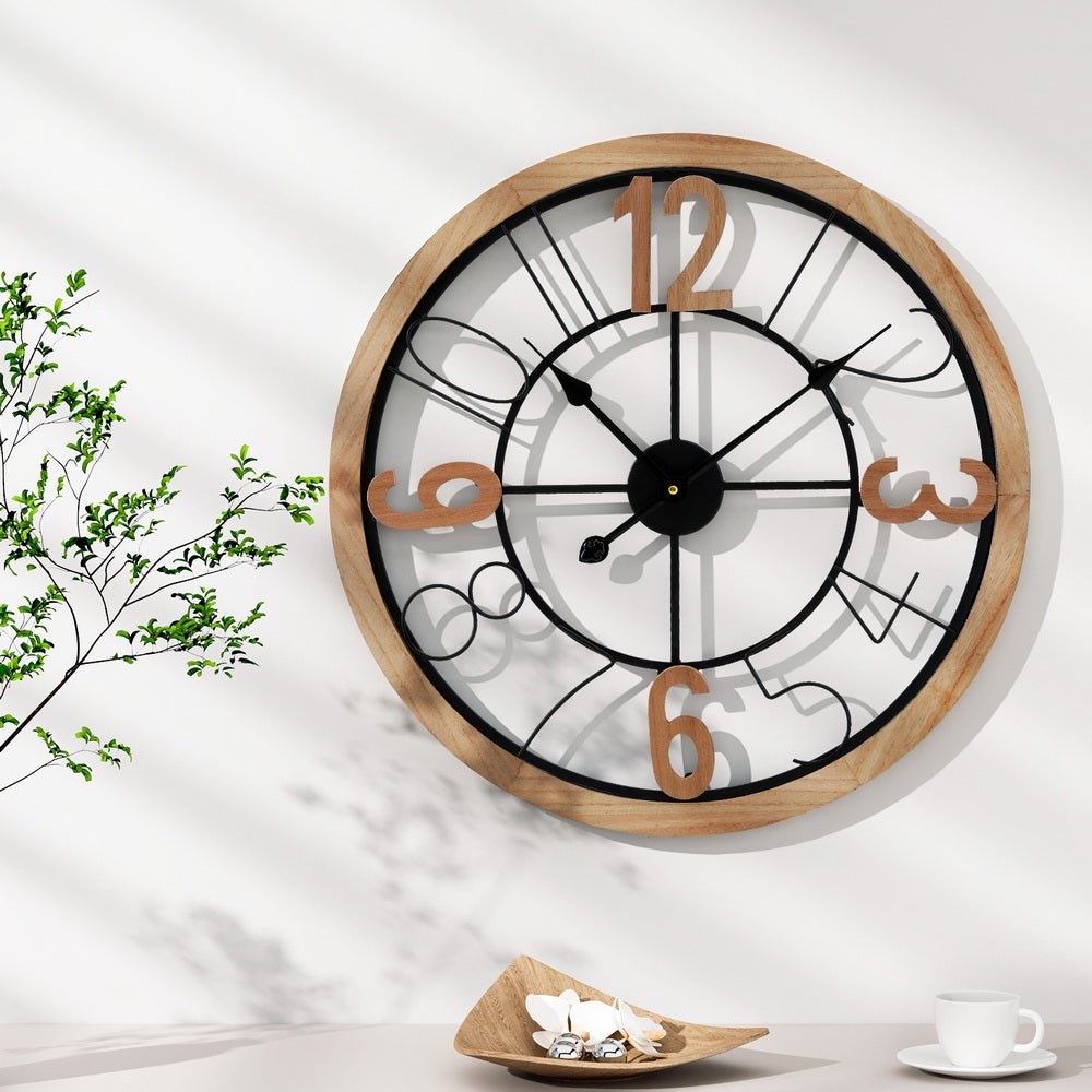 Artiss Wall Clock - Black and Pine 60cm - Wall Clocks