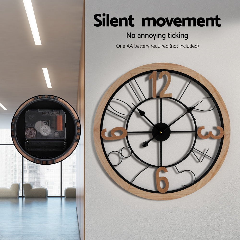 Artiss Wall Clock - Black and Pine 60cm - Wall Clocks