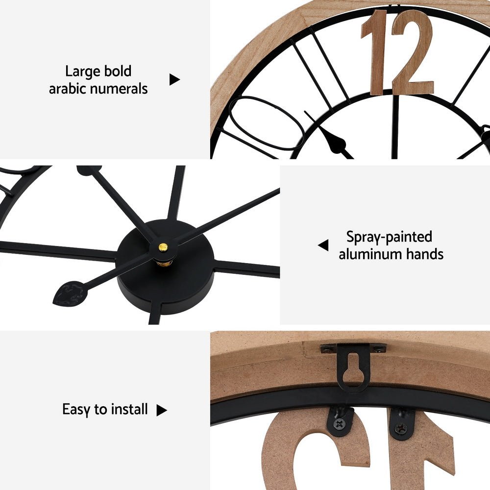 Artiss Wall Clock - Black and Pine 60cm - Wall Clocks
