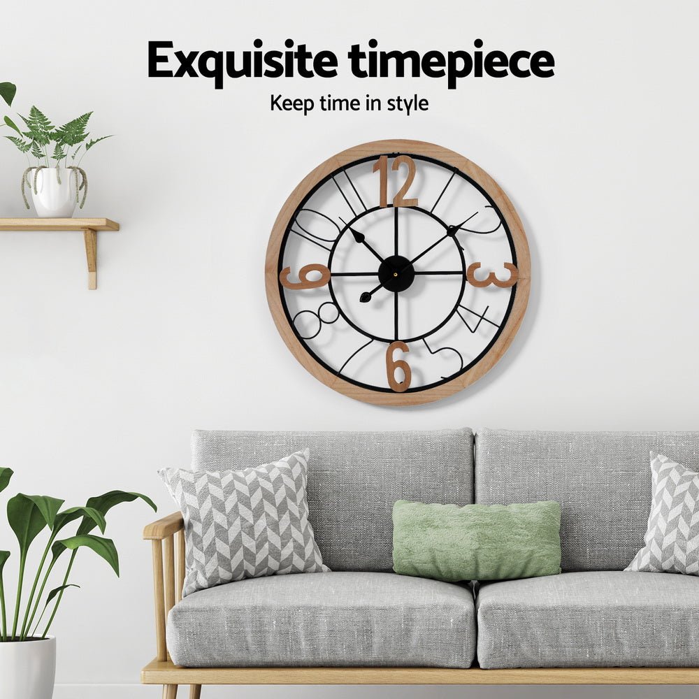 Artiss Wall Clock - Black and Pine 60cm - Wall Clocks