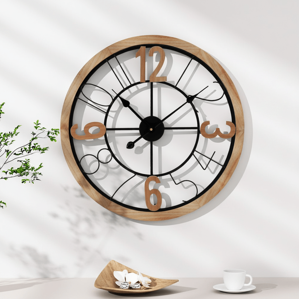 Artiss Wall Clock - Black and Pine 60cm - Wall Clocks