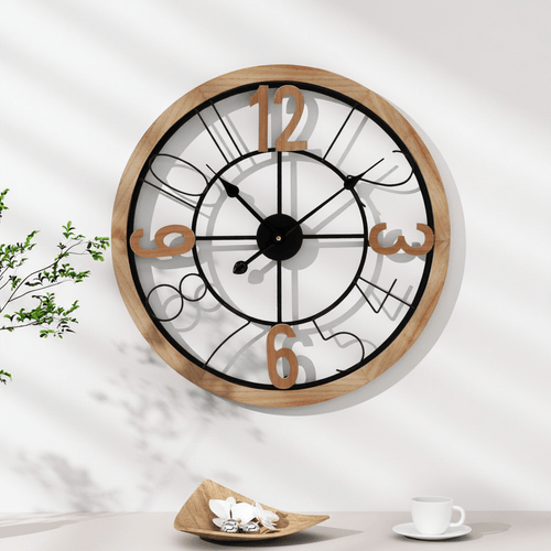 Artiss Wall Clock - Black and Pine 60cm - Wall Clocks